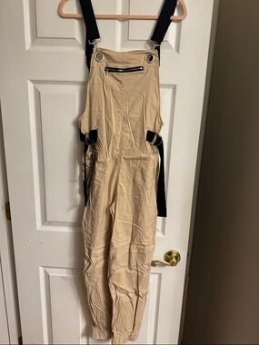 Fashion Nova Beige Utility Jumpsuit with Black Straps
